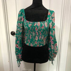 B.O.G Collective Green & Pink Floral Square‎ Neck Smocked Long Sleeve Blouse M
